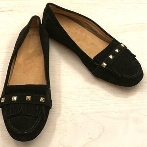 VIONIC Thera Black Suede Loafer Flats Size 10W Fringe and Stud Detailing Slip on